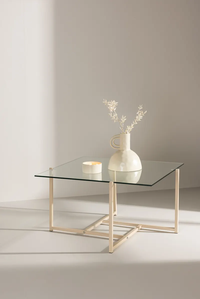 Hybrid quadratischer Couchtisch 80 × 80 cm in Transparent, Gestell Whitewash, im Wohnraum, Ansicht 1