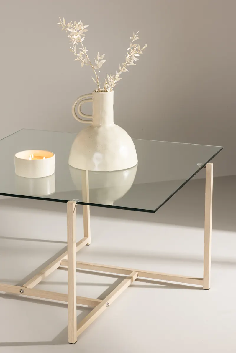 Hybrid quadratischer Couchtisch 80 × 80 cm in Transparent, Gestell Whitewash, im Wohnraum, Ansicht 2