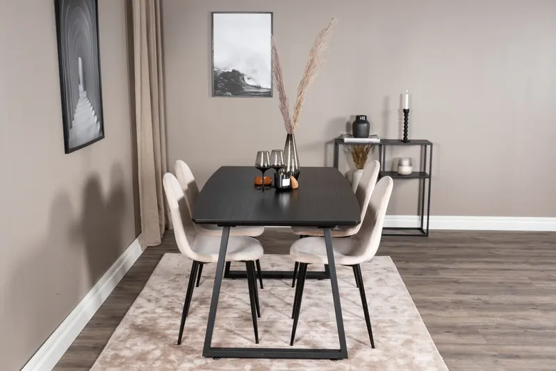 Inca & Polar Essgruppe mit ausziehbarem Esstisch und 4 Stühlen in Beige, Gestell Schwarz, im Wohnraum, Ansicht 1