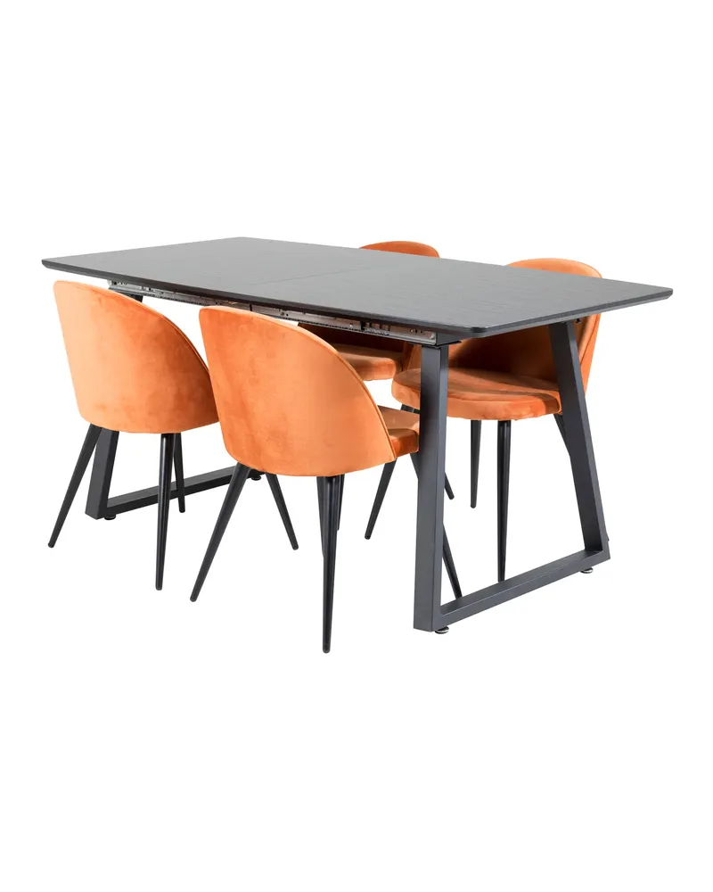 Inca & Velvet Essgruppe mit ausziehbarem Esstisch und 4 Polsterstühlen in Rostorange, Gestell Schwarz, Ansicht 2