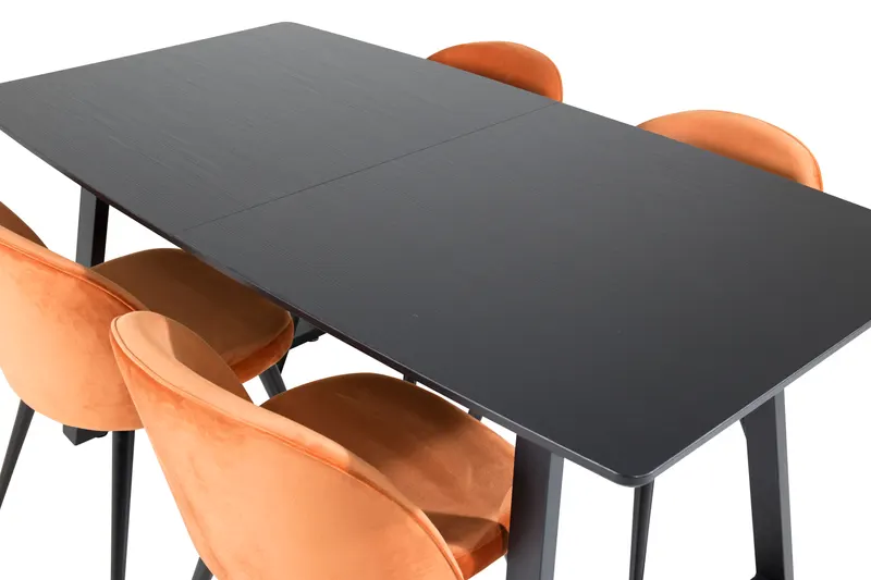 Inca & Velvet Essgruppe mit ausziehbarem Esstisch und 4 Polsterstühlen in Rostorange, Gestell Schwarz, Ansicht 4
