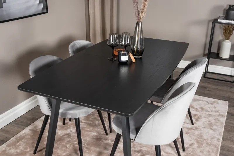 Inca & Velvet Essgruppe mit ausziehbarem Esstisch und 4 Polsterstühlen in Grau, Gestell Schwarz, im Wohnraum, Ansicht 4