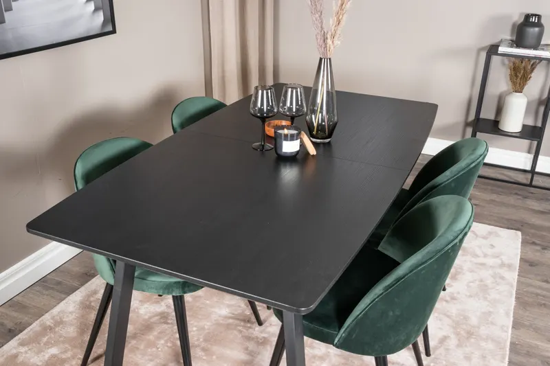 Inca & Velvet Essgruppe mit ausziehbarem Esstisch und 4 Polsterstühlen in Grün, Gestell Schwarz, im Wohnraum, Ansicht 4