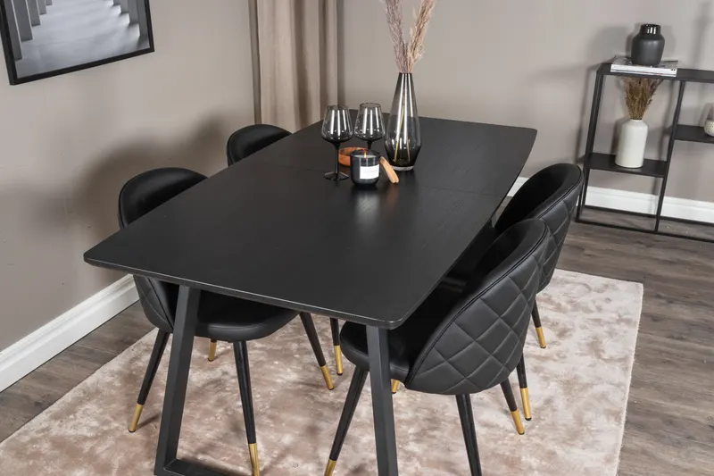 Inca & Velvet Essgruppe mit ausziehbarem Esstisch und 4 Polsterstühlen in Schwarz, im Wohnraum, Ansicht 4