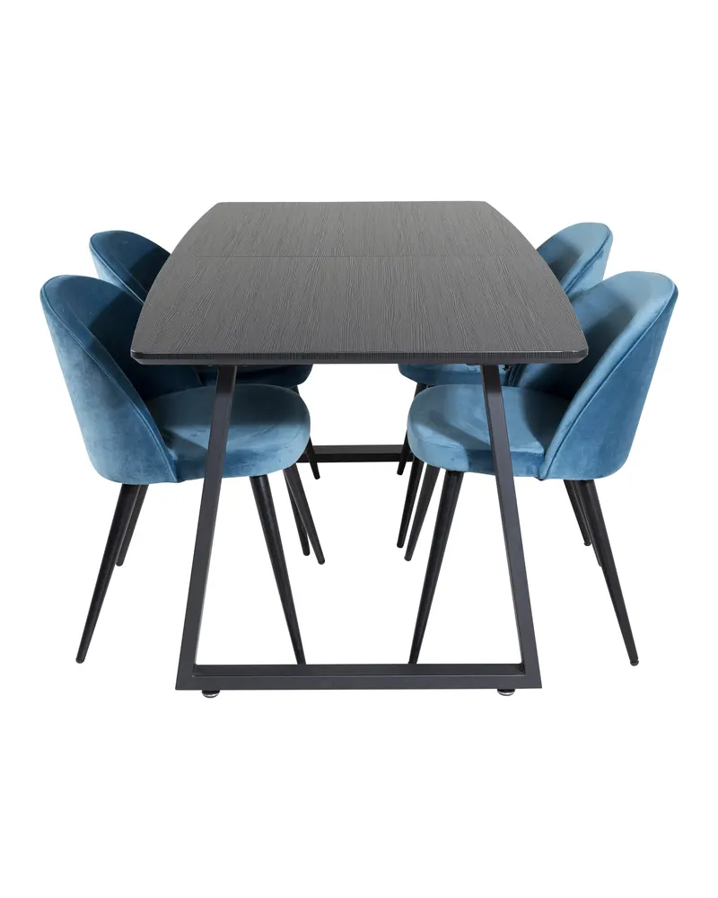 Inca & Velvet Essgruppe mit ausziehbarem Esstisch und 4 Polsterstühlen in Blau, Gestell Schwarz, Ansicht 1