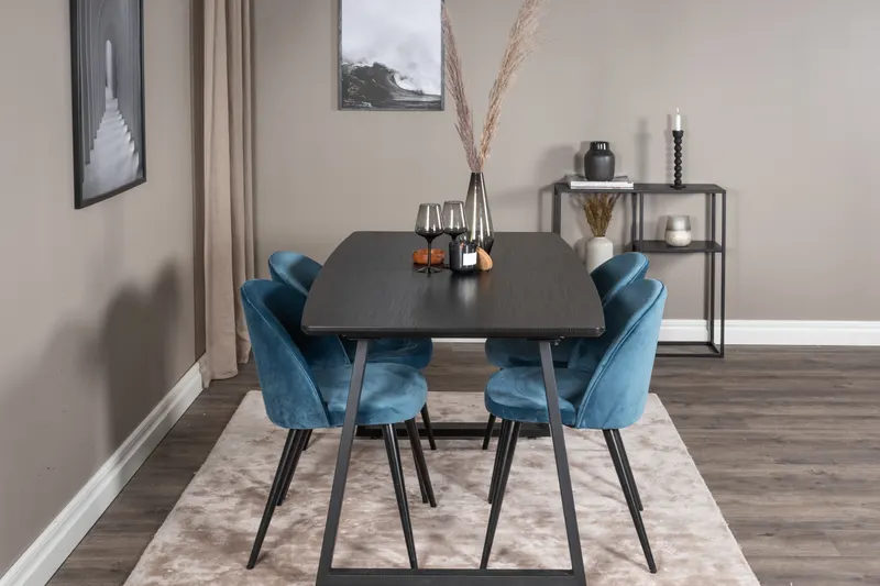 Inca & Velvet Essgruppe mit ausziehbarem Esstisch und 4 Polsterstühlen in Blau, Gestell Schwarz, im Wohnraum, Ansicht 1