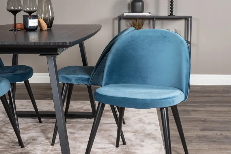 Inca & Velvet Essgruppe mit ausziehbarem Esstisch und 4 Polsterstühlen in Blau, Gestell Schwarz, im Wohnraum, Ansicht 3