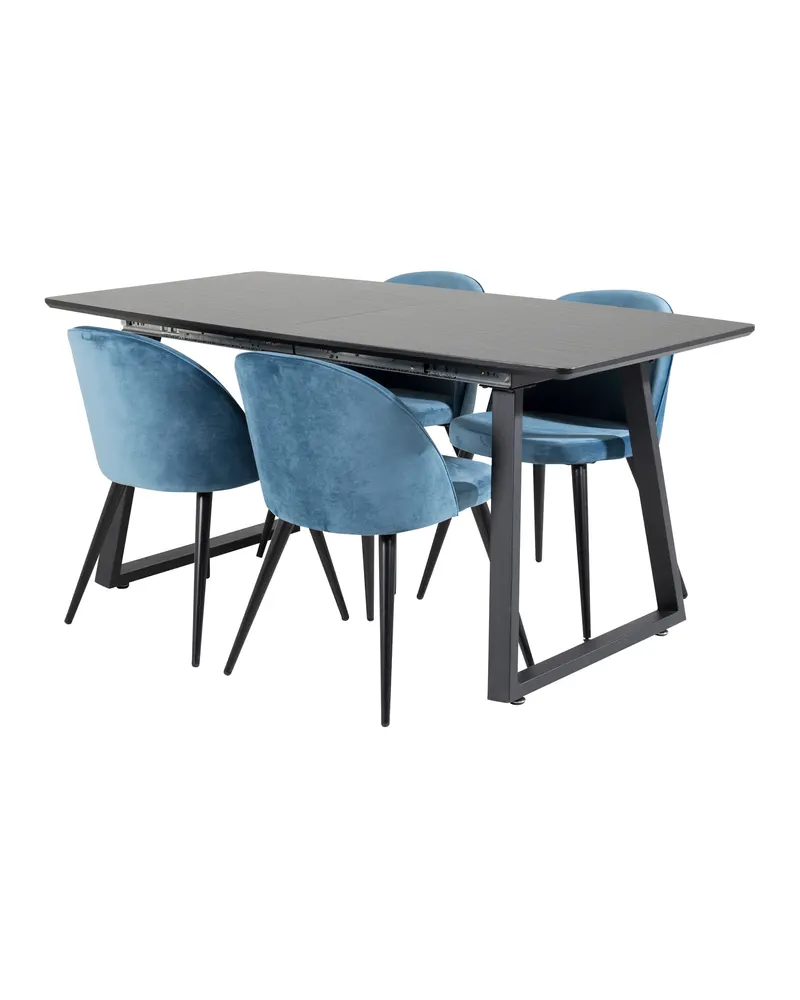 Inca & Velvet Essgruppe mit ausziehbarem Esstisch und 4 Polsterstühlen in Blau, Gestell Schwarz, Ansicht 2