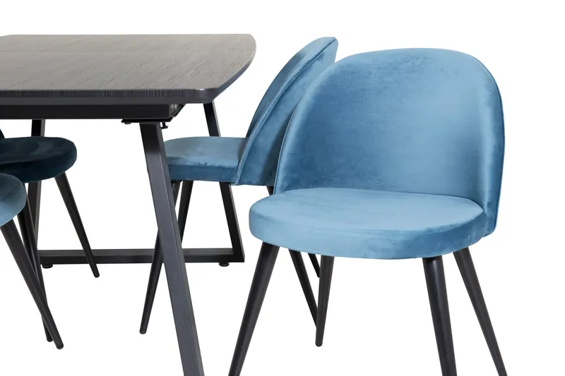Inca & Velvet Essgruppe mit ausziehbarem Esstisch und 4 Polsterstühlen in Blau, Gestell Schwarz, Ansicht 3
