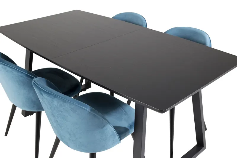 Inca & Velvet Essgruppe mit ausziehbarem Esstisch und 4 Polsterstühlen in Blau, Gestell Schwarz, Ansicht 4