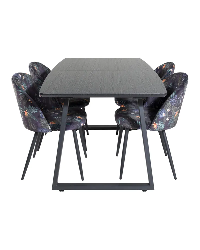 Inca & Velvet Essgruppe mit ausziehbarem Esstisch und 4 Polsterstühlen in Schwarz mit Blumenmuster, Gestell Schwarz, Ansicht 1