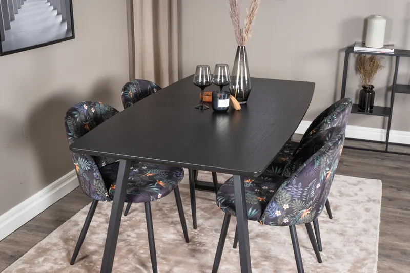 Inca & Velvet Essgruppe mit ausziehbarem Esstisch und 4 Polsterstühlen in Schwarz mit Blumenmuster, Gestell Schwarz, im Wohnraum, Ansicht 4