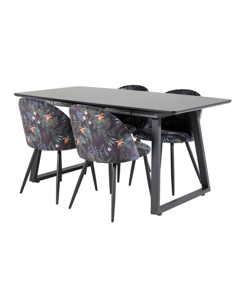 Inca & Velvet Essgruppe mit ausziehbarem Esstisch und 4 Polsterstühlen in Schwarz mit Blumenmuster, Gestell Schwarz, Ansicht 2