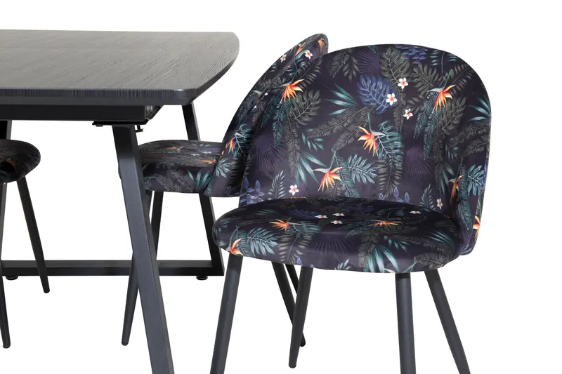 Inca & Velvet Essgruppe mit ausziehbarem Esstisch und 4 Polsterstühlen in Schwarz mit Blumenmuster, Gestell Schwarz, Ansicht 3