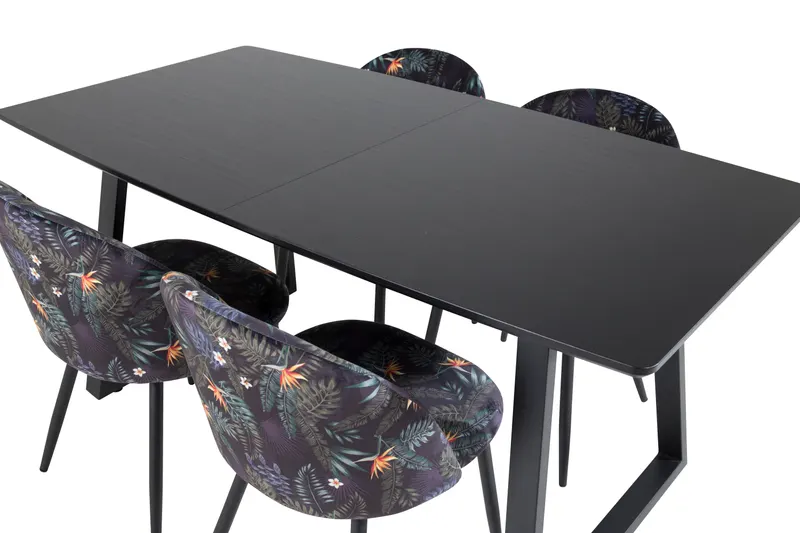 Inca & Velvet Essgruppe mit ausziehbarem Esstisch und 4 Polsterstühlen in Schwarz mit Blumenmuster, Gestell Schwarz, Ansicht 4