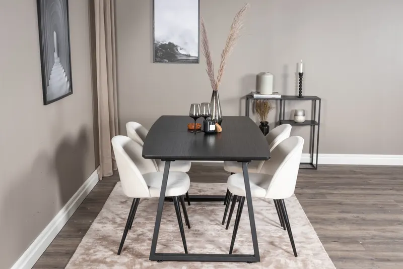 Inca & Velvet Essgruppe mit ausziehbarem Esstisch und 4 Polsterstühlen in Beige, Gestell Schwarz, im Wohnraum, Ansicht 1