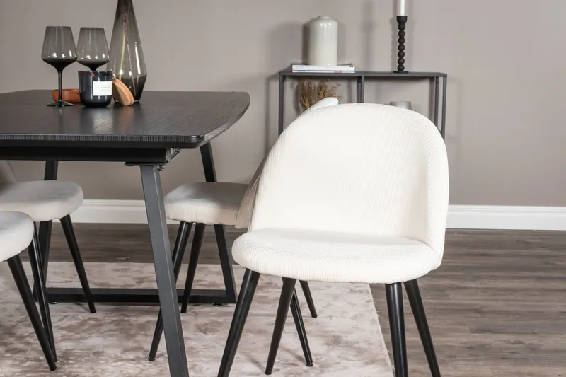 Inca & Velvet Essgruppe mit ausziehbarem Esstisch und 4 Polsterstühlen in Beige, Gestell Schwarz, im Wohnraum, Ansicht 3