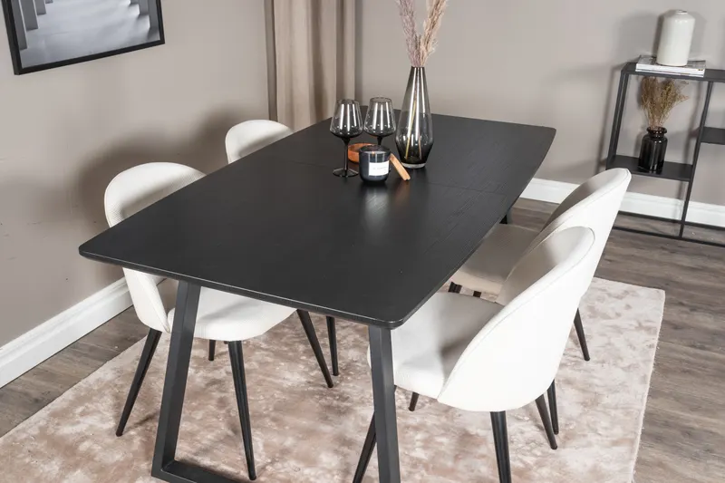 Inca & Velvet Essgruppe mit ausziehbarem Esstisch und 4 Polsterstühlen in Beige, Gestell Schwarz, im Wohnraum, Ansicht 4
