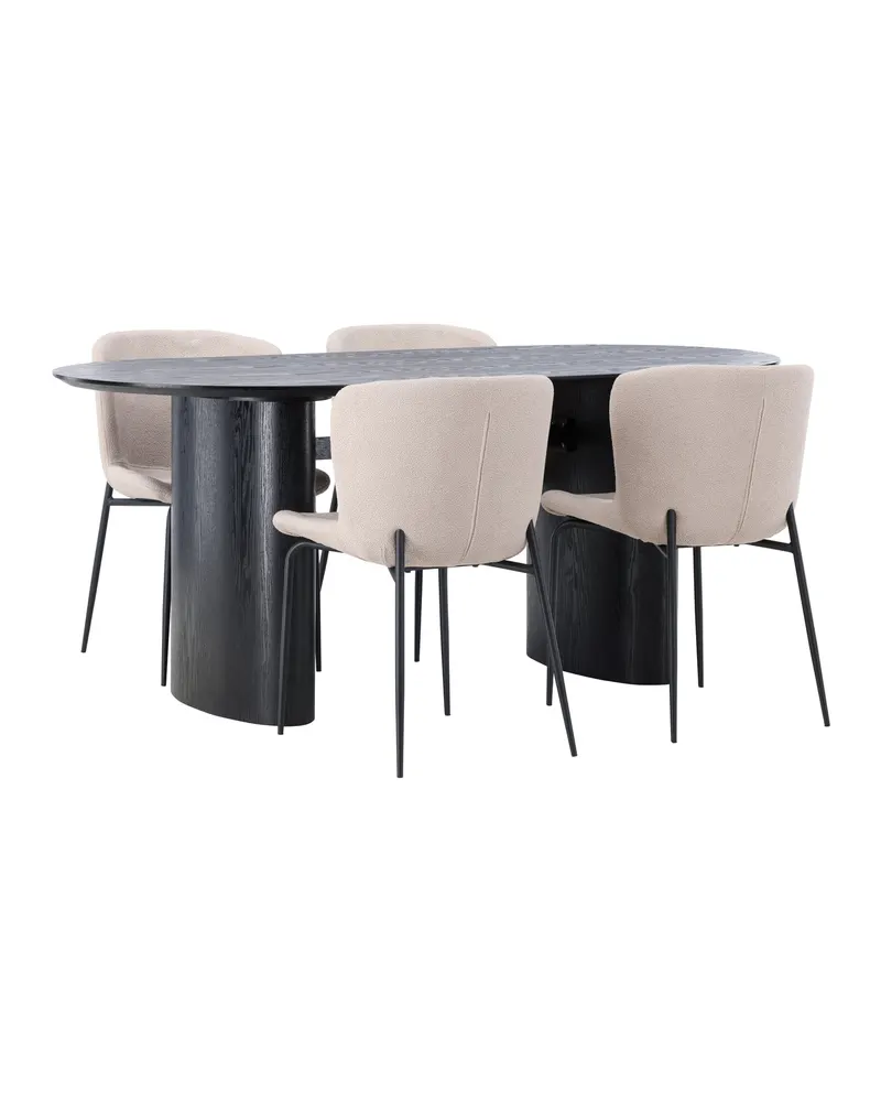 Isolde & Modesto Essgruppe mit ovalem Esstisch und 4 Bouclé-Stühlen in Schwarz, Beige, Gestell Schwarz, Ansicht 9