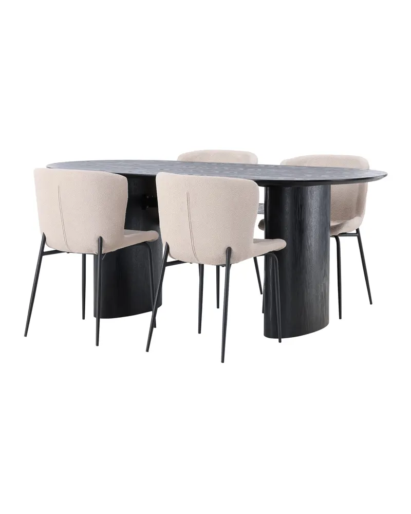 Isolde & Modesto Essgruppe mit ovalem Esstisch und 4 Bouclé-Stühlen in Schwarz, Beige, Gestell Schwarz, Ansicht 11