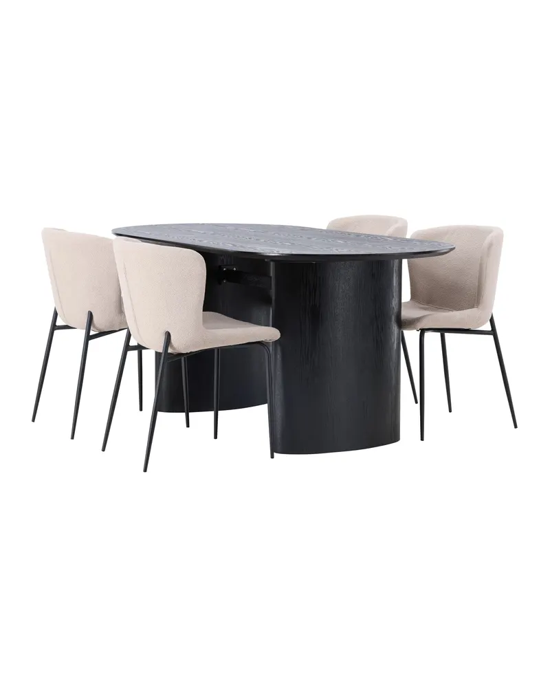 Isolde & Modesto Essgruppe mit ovalem Esstisch und 4 Bouclé-Stühlen in Schwarz, Beige, Gestell Schwarz, Ansicht 12