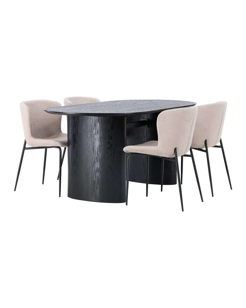 Isolde & Modesto Essgruppe mit ovalem Esstisch und 4 Bouclé-Stühlen in Schwarz, Beige, Gestell Schwarz, Ansicht 2