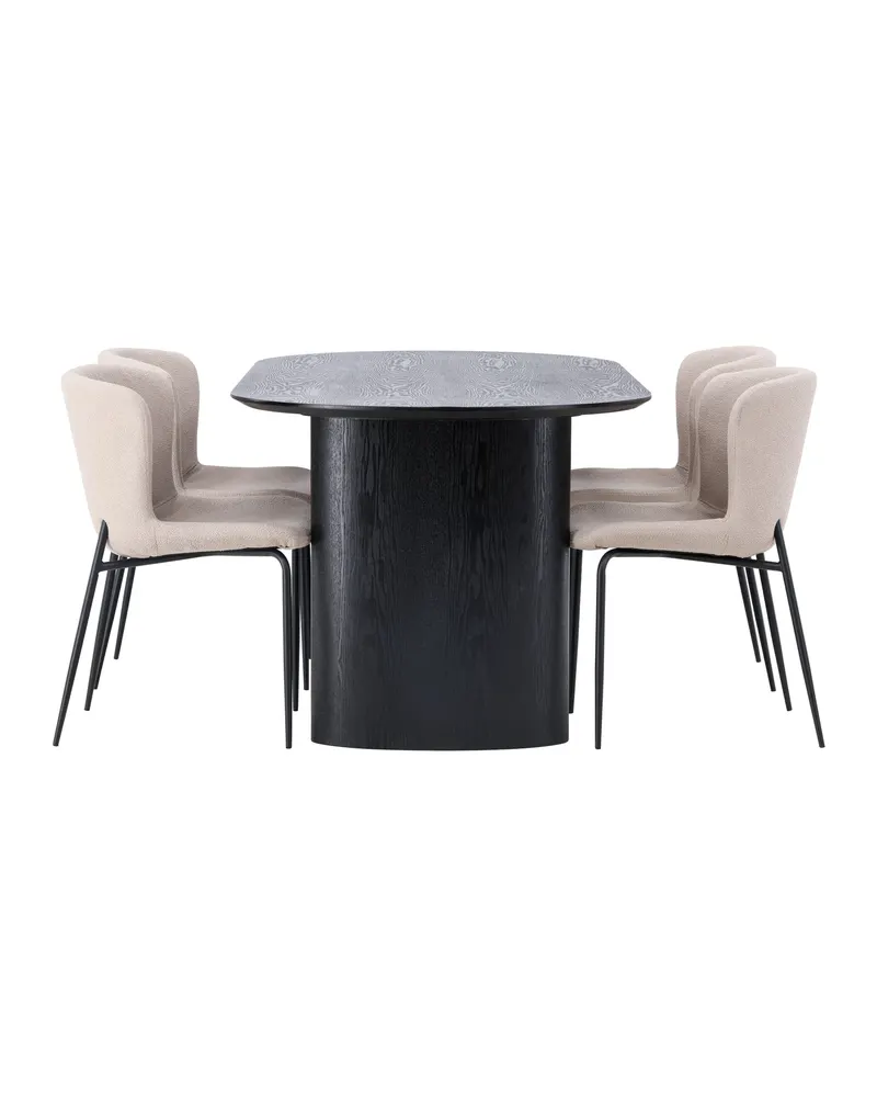 Isolde & Modesto Essgruppe mit ovalem Esstisch und 4 Bouclé-Stühlen in Schwarz, Beige, Gestell Schwarz, Ansicht 3