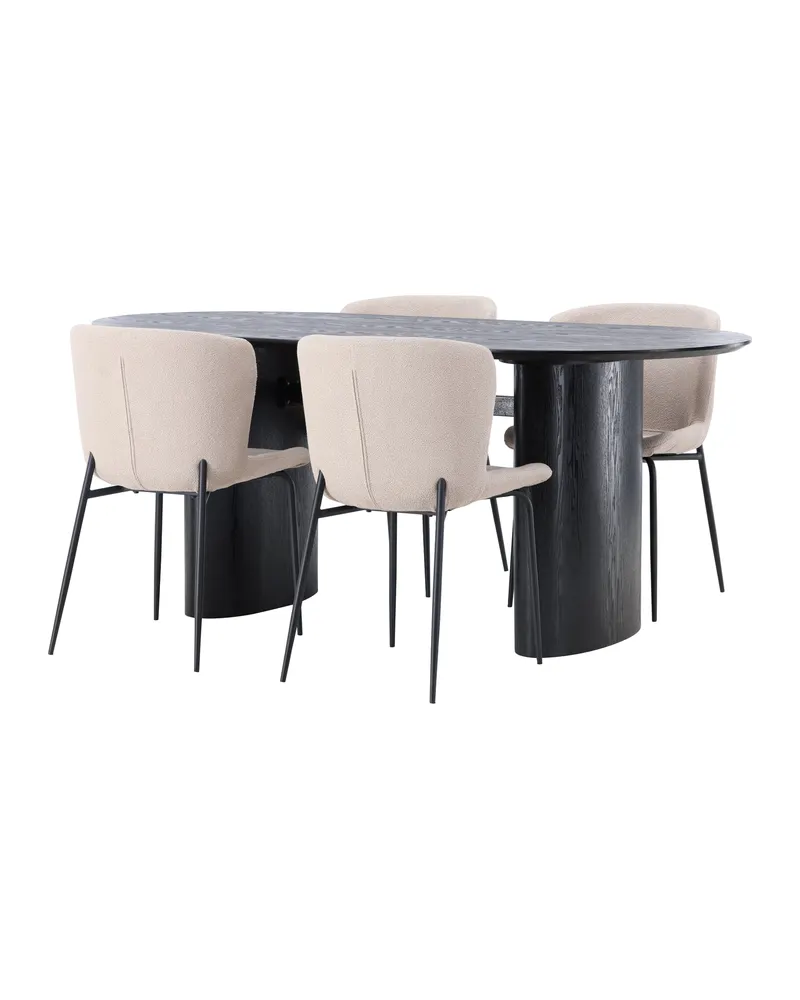 Isolde & Modesto Essgruppe mit ovalem Esstisch und 4 Bouclé-Stühlen in Schwarz, Beige, Gestell Schwarz, Ansicht 5