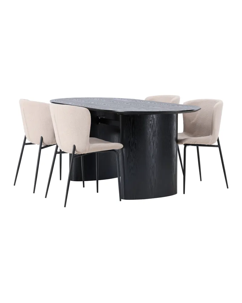 Isolde & Modesto Essgruppe mit ovalem Esstisch und 4 Bouclé-Stühlen in Schwarz, Beige, Gestell Schwarz, Ansicht 6