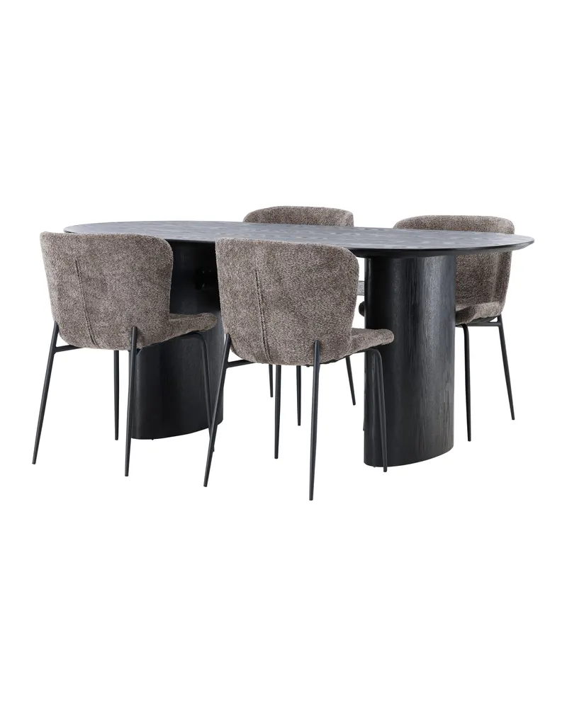 Isolde & Modesto Essgruppe mit ovalem Esstisch und 4 Bouclé-Stühlen in Schwarz, Braun, Gestell Schwarz, Ansicht 11
