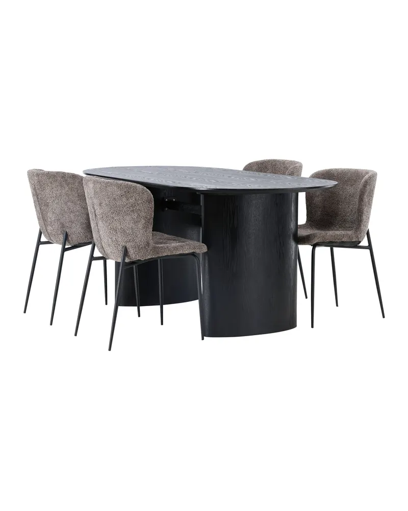 Isolde & Modesto Essgruppe mit ovalem Esstisch und 4 Bouclé-Stühlen in Schwarz, Braun, Gestell Schwarz, Ansicht 12