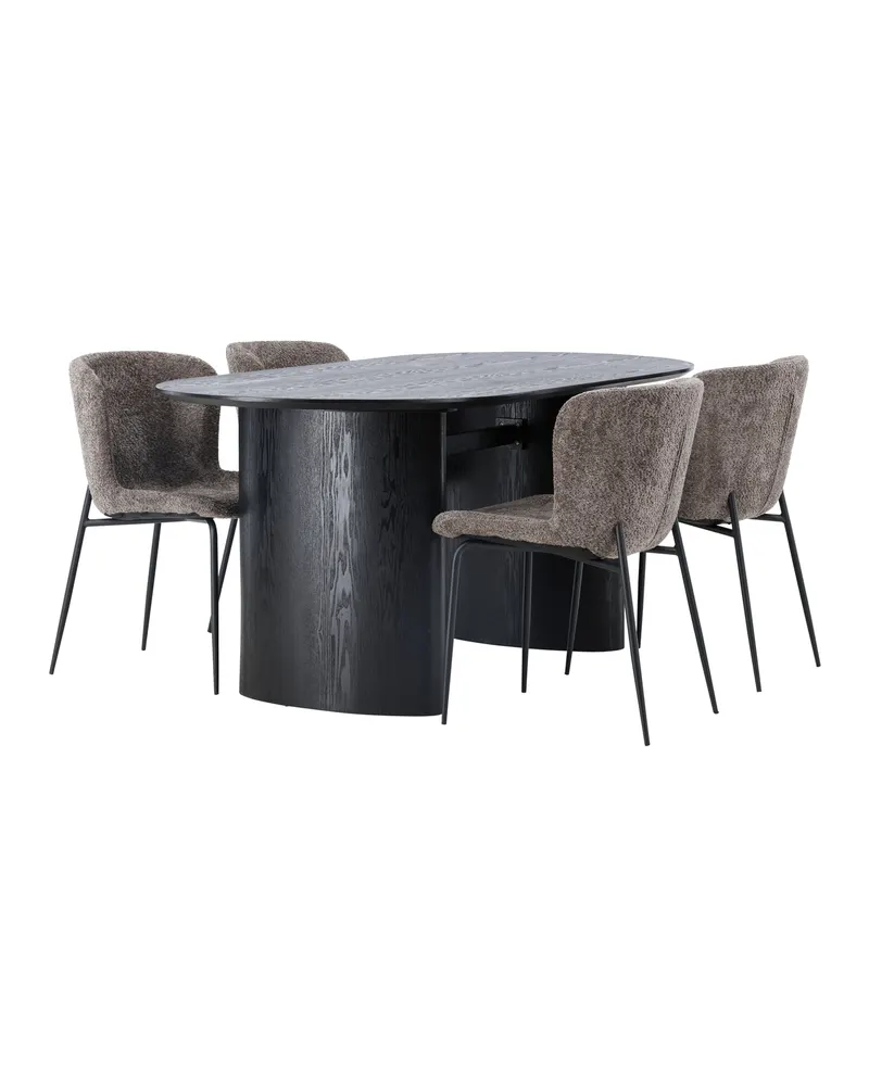 Isolde & Modesto Essgruppe mit ovalem Esstisch und 4 Bouclé-Stühlen in Schwarz, Braun, Gestell Schwarz, Ansicht 2