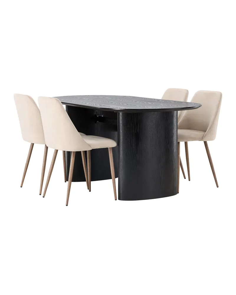 Isolde & Night Essgruppe mit ovalem Esstisch und 4 gepolsterten Stühlen in Schwarz, Beige, Gestell Walnuss, Ansicht 12