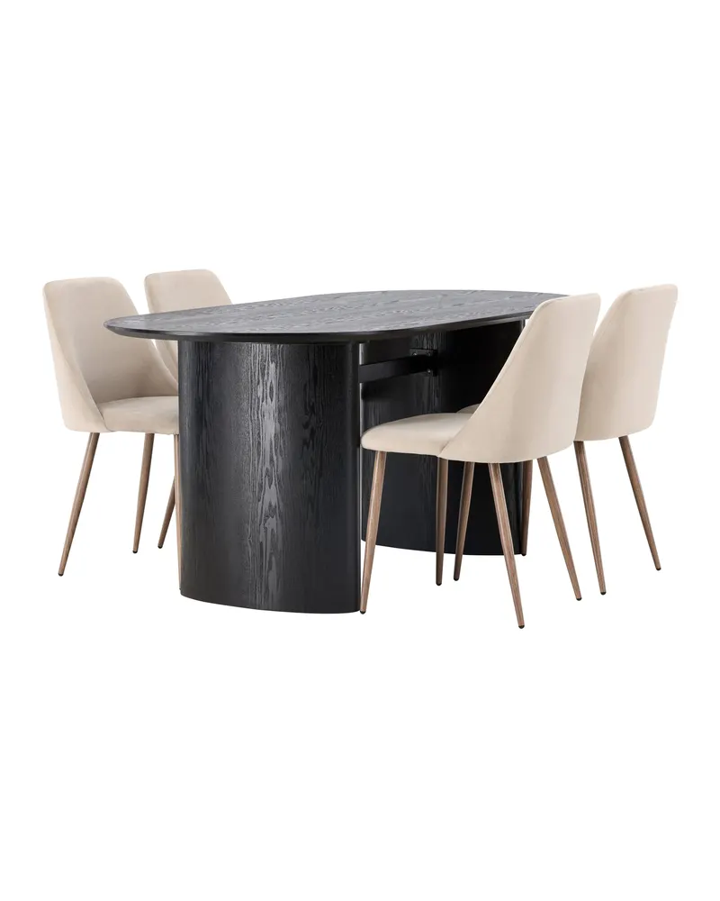 Isolde & Night Essgruppe mit ovalem Esstisch und 4 gepolsterten Stühlen in Schwarz, Beige, Gestell Walnuss, Ansicht 2
