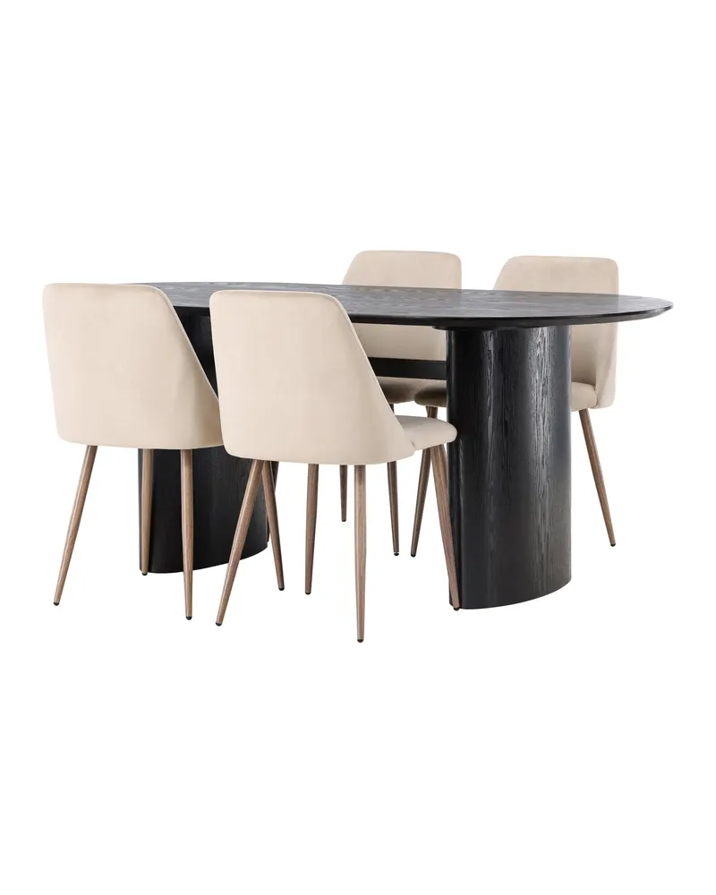 Isolde & Night Essgruppe mit ovalem Esstisch und 4 gepolsterten Stühlen in Schwarz, Beige, Gestell Walnuss, Ansicht 5