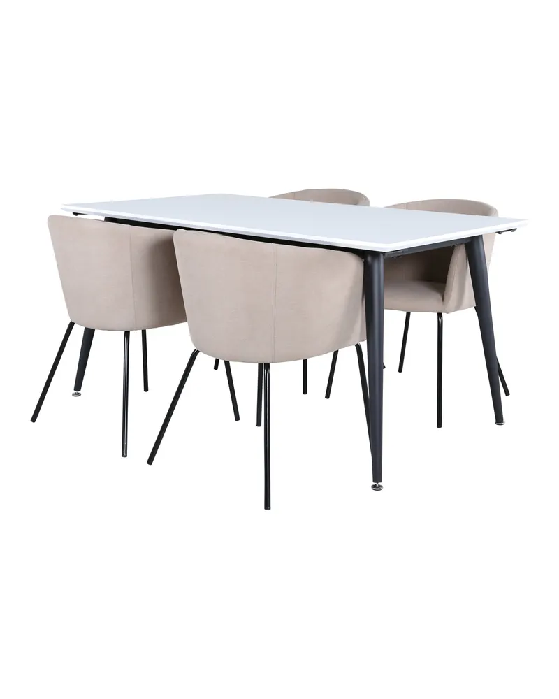 Jimmy & Berit Essgruppe mit weißem Esstisch und 4 Polsterstühlen in Beige, Gestell Schwarz, Ansicht 1