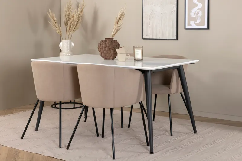 Jimmy & Berit Essgruppe mit weißem Esstisch und 4 Polsterstühlen in Beige, Gestell Schwarz, im Wohnraum, Ansicht 2
