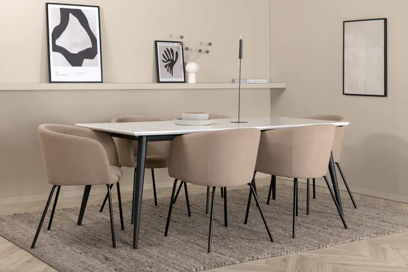 Jimmy & Berit Essgruppe mit weißem Esstisch und 6 Polsterstühlen in Beige, Gestell Schwarz, im Wohnraum, Ansicht 2