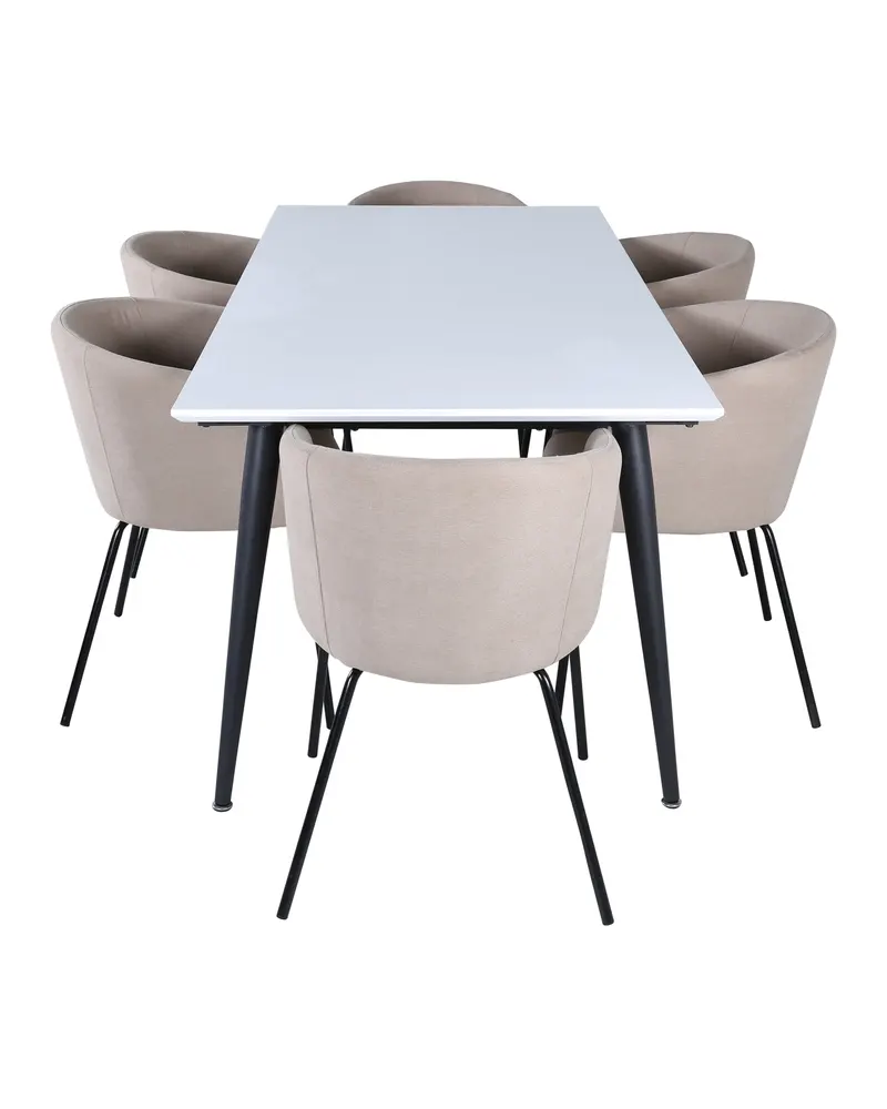 Jimmy & Berit Essgruppe mit weißem Esstisch und 6 Polsterstühlen in Beige, Gestell Schwarz, Ansicht 2