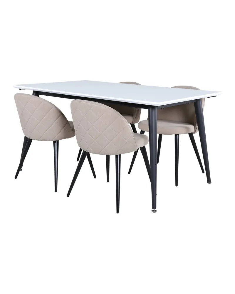 Jimmy & Velvet Essgruppe mit weißem Esstisch und 4 Polsterstühlen in Beige, Gestell Schwarz, Ansicht 1
