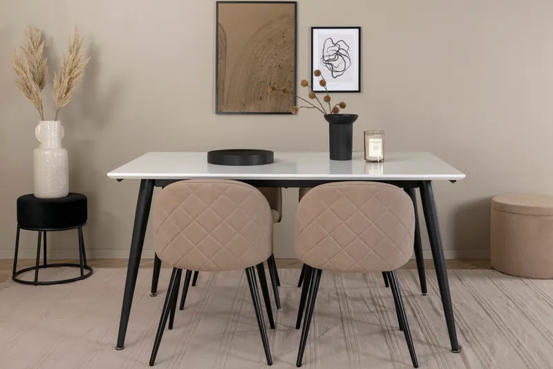 Jimmy & Velvet Essgruppe mit weißem Esstisch und 4 Polsterstühlen in Beige, Gestell Schwarz, im Wohnraum, Ansicht 1