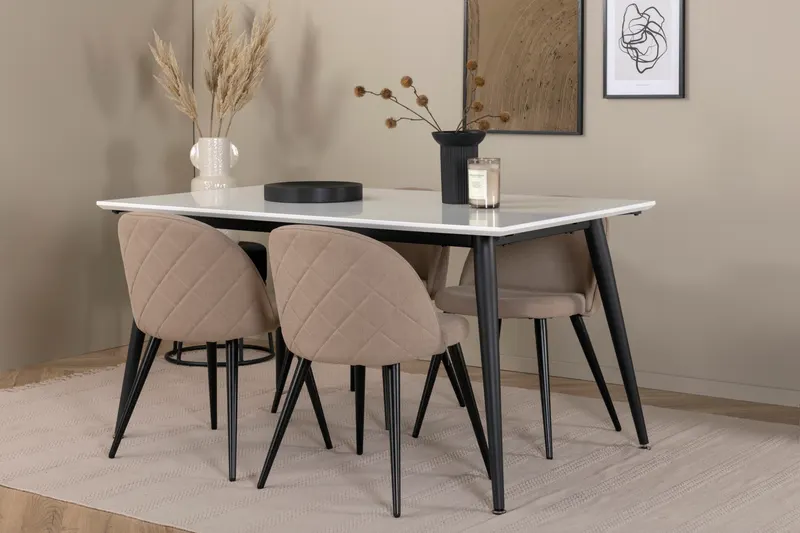 Jimmy & Velvet Essgruppe mit weißem Esstisch und 4 Polsterstühlen in Beige, Gestell Schwarz, im Wohnraum, Ansicht 2