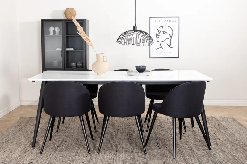 Jimmy & Velvet Essgruppe mit weißem Esstisch und 6 Polsterstühlen in Schwarz, im Wohnraum, Ansicht 1