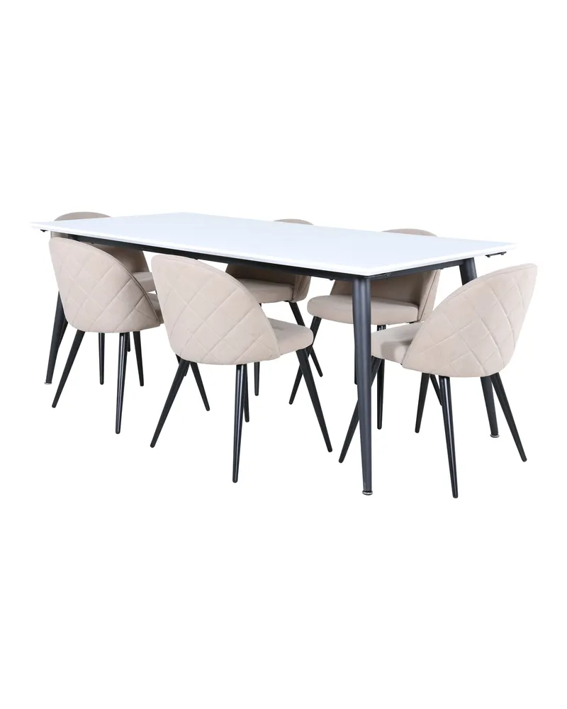 Jimmy & Velvet Essgruppe mit weißem Esstisch und 6 Polsterstühlen in Beige, Gestell Schwarz, Ansicht 1