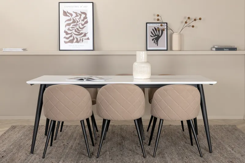 Jimmy & Velvet Essgruppe mit weißem Esstisch und 6 Polsterstühlen in Beige, Gestell Schwarz, im Wohnraum, Ansicht 1