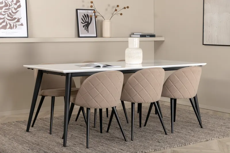 Jimmy & Velvet Essgruppe mit weißem Esstisch und 6 Polsterstühlen in Beige, Gestell Schwarz, im Wohnraum, Ansicht 2