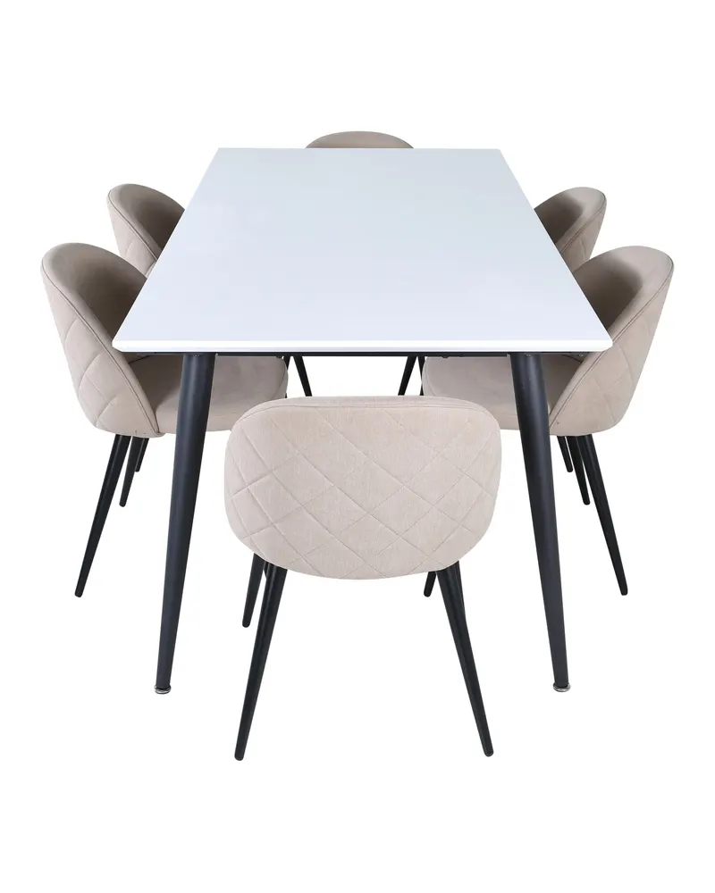 Jimmy & Velvet Essgruppe mit weißem Esstisch und 6 Polsterstühlen in Beige, Gestell Schwarz, Ansicht 2