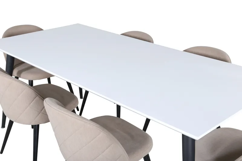 Jimmy & Velvet Essgruppe mit weißem Esstisch und 6 Polsterstühlen in Beige, Gestell Schwarz, Ansicht 3