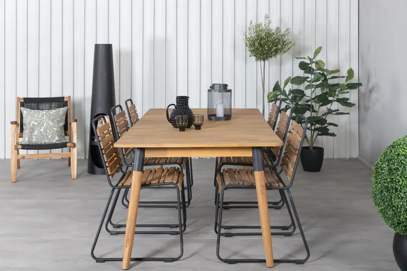 Julian & Bois Gartenmöbel-Set mit Akazientisch und 6 Stühlen in Natur, Gestell Schwarz, im Wohnraum, Ansicht 1