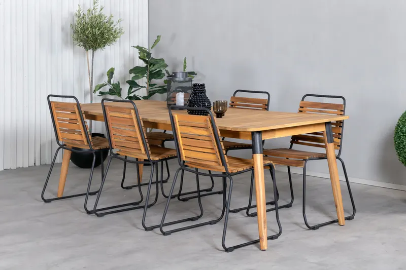 Julian & Bois Gartenmöbel-Set mit Akazientisch und 6 Stühlen in Natur, Gestell Schwarz, im Wohnraum, Ansicht 2